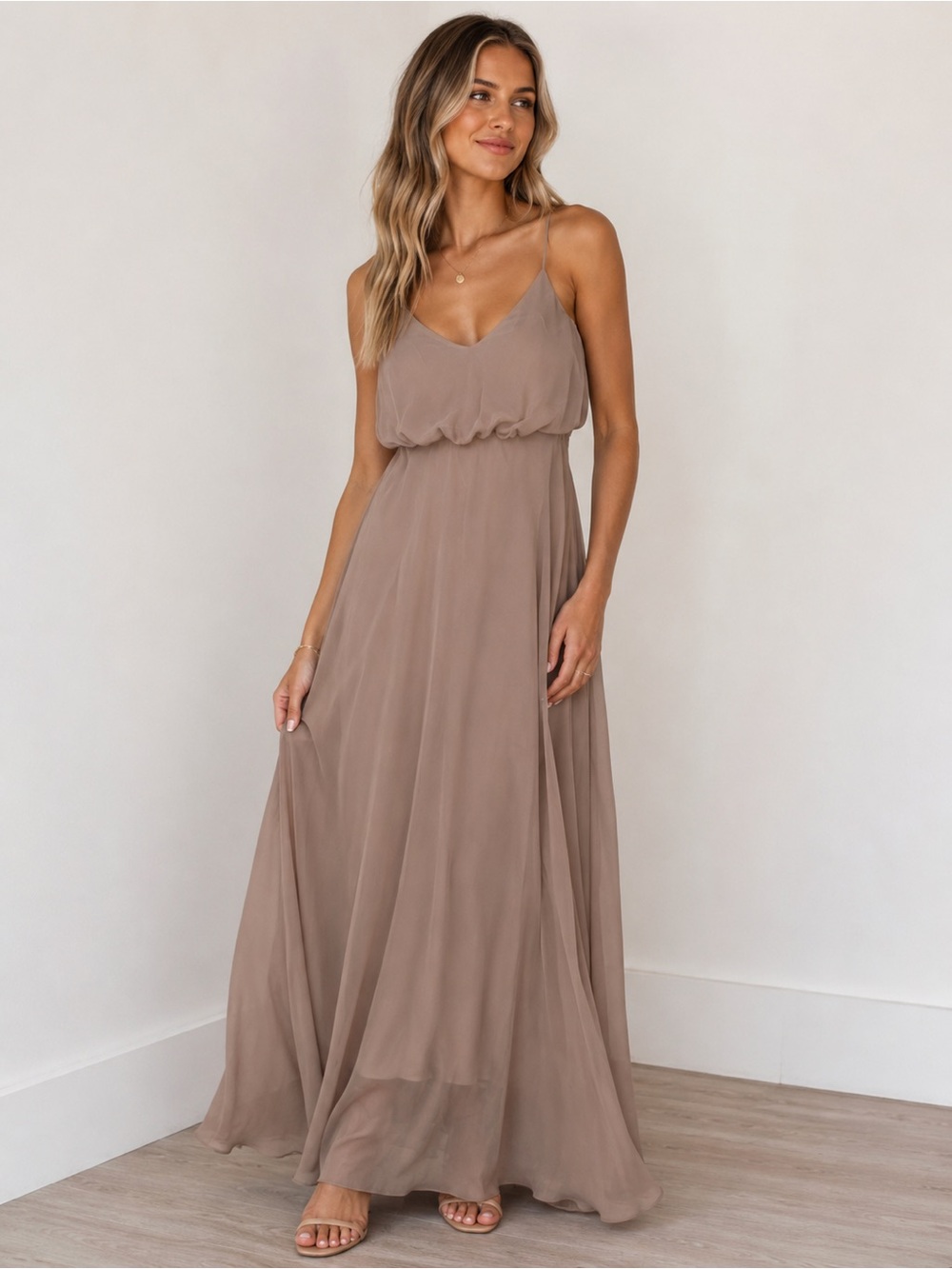 Birdy Grey Taupe Maxi Bridesmaid Dress XS Formal Wedding Pockets